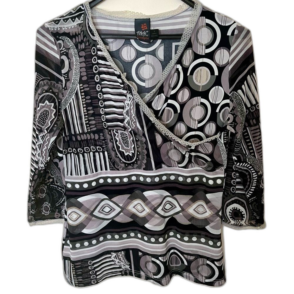 ANAC by Kimi Vintage Y2K Mixed Print Mesh Surplice Top Artsy Art to Wear Sheer L